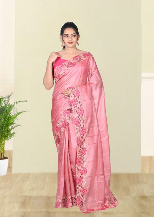 Peach Colour Ganchi Tussar Silk Saree with Hand Cutwork Embroidery Design