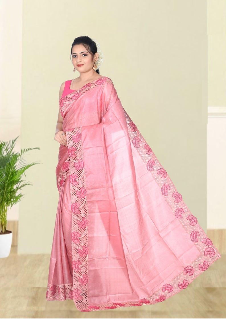 Peach Colour Ganchi Tussar Silk Saree with Hand Cutwork Embroidery Design