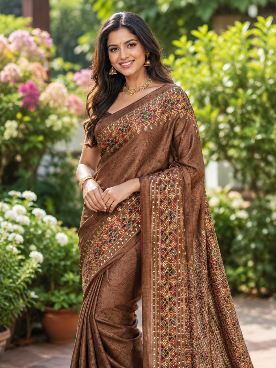 Rust Colour Tussar Silk Saree with Full Body Embroidery Work