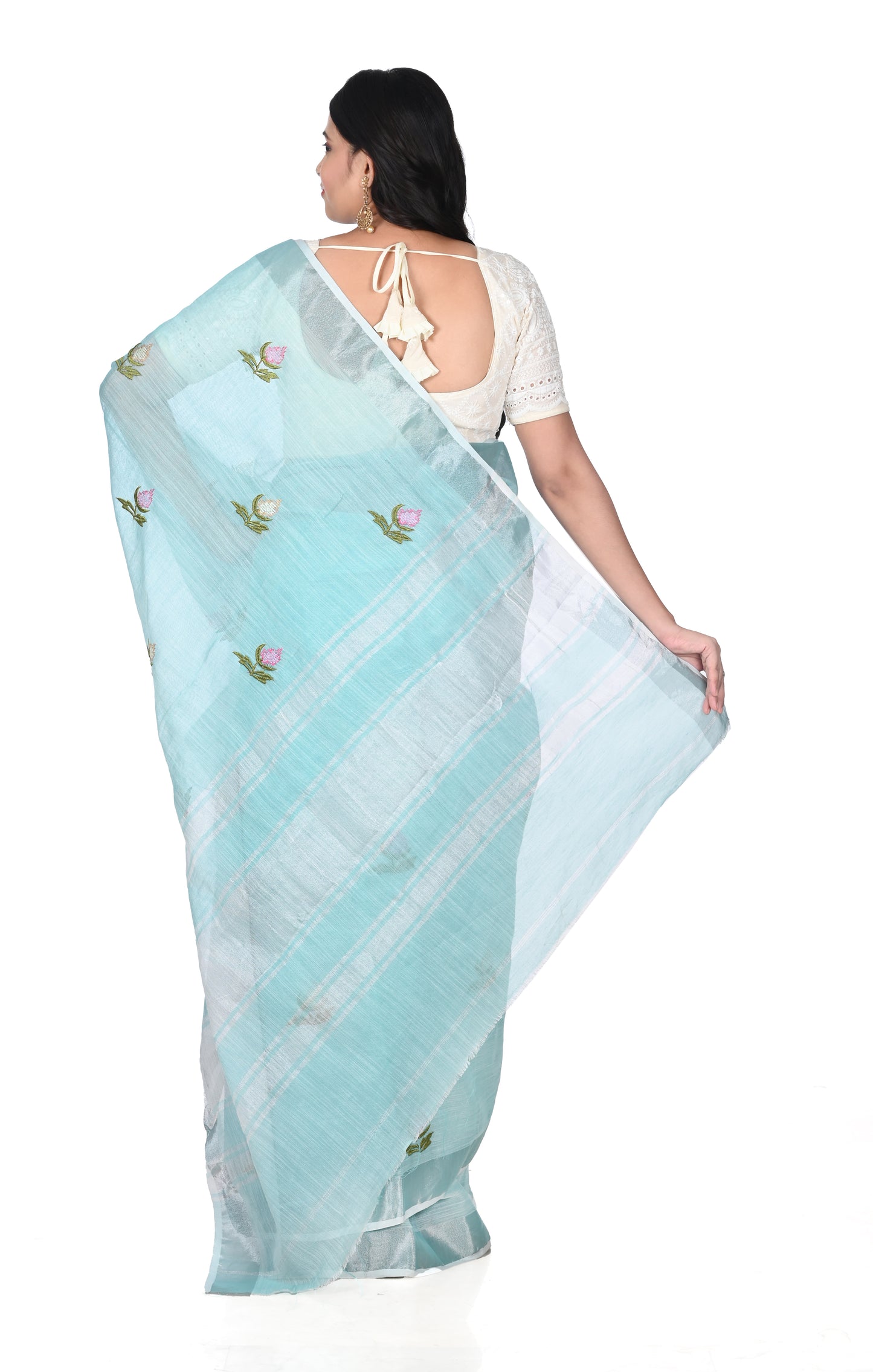 Sea Blue Colour Embroidered Linen Saree