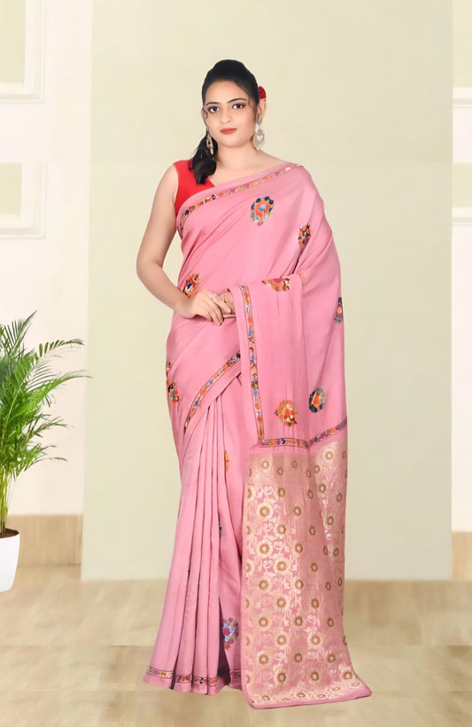 Hand French knot Embroidery Work on Soft Pink Tussar by Katan Silk Saree