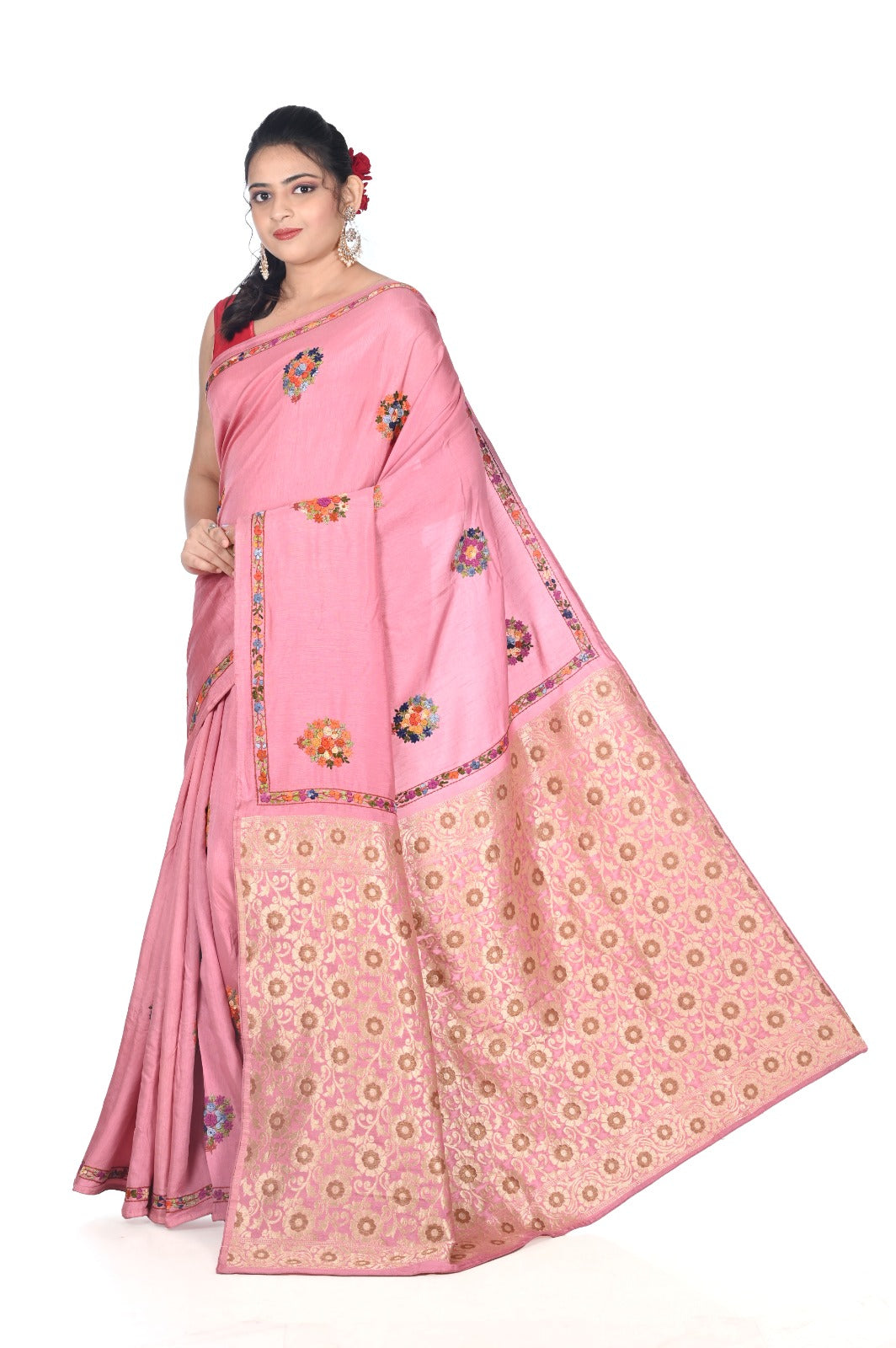 Hand French knot Embroidery Work on Soft Pink Tussar by Katan Silk Saree