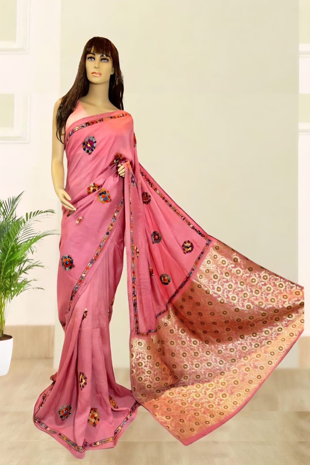 Hand French knot Embroidery Work on Soft Pink Tussar by Katan Silk Saree