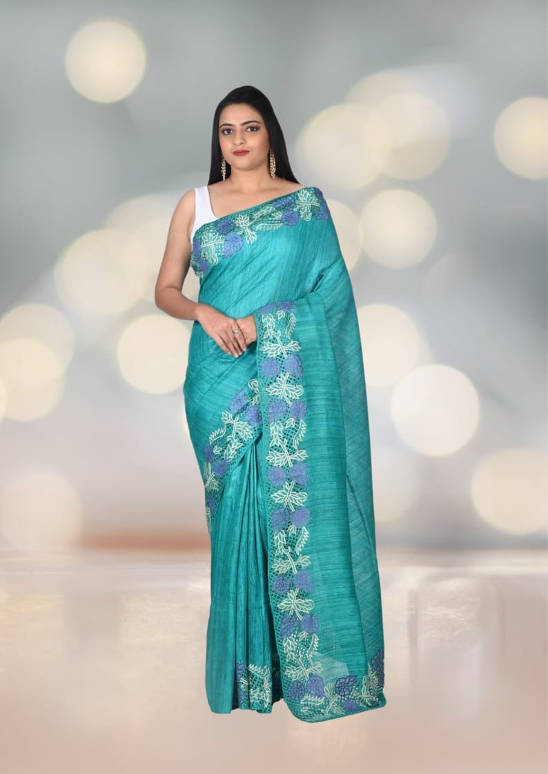 Hand Cut Work Embroidery Gheecha Tussar Silk Saree