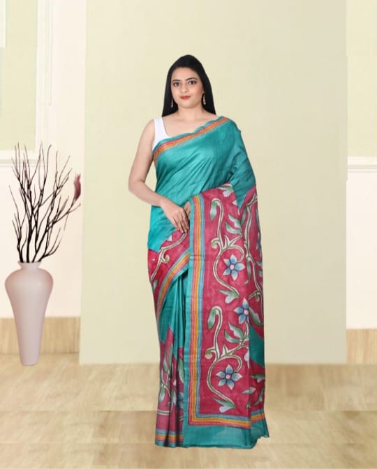 Hand Katha Embroidery Work on Teal Blue Colour Hand Brush Painted Ganchi Tussar