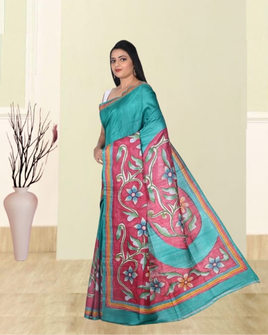 Hand Katha Embroidery Work on Teal Blue Colour Hand Brush Painted Ganchi Tussar