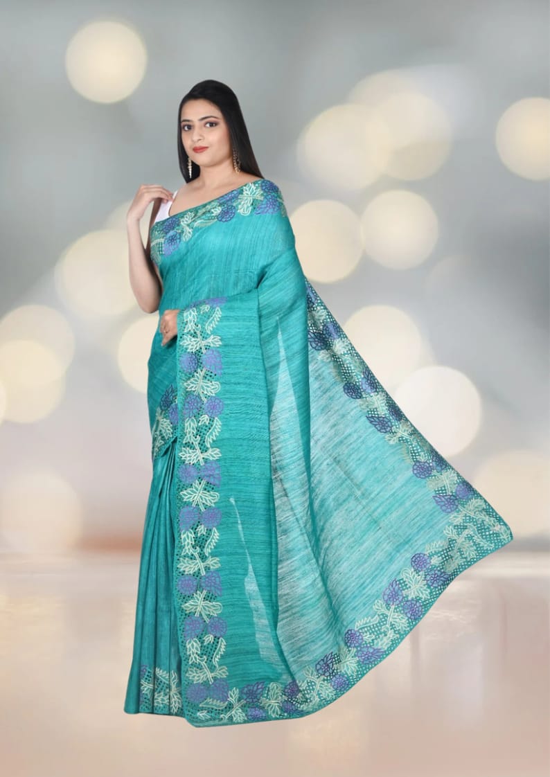 Hand Cut Work Embroidery Gheecha Tussar Silk Saree