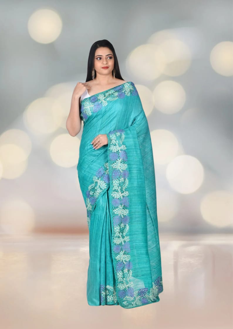 Hand Cut Work Embroidery Gheecha Tussar Silk Saree