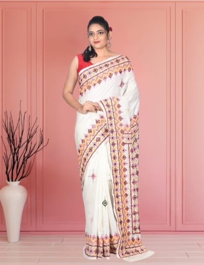 Hand Gujrati Embroidery Work on 3ply Mulberry Katan Silk Saree
