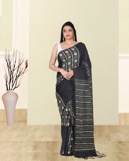 White Colour Hand Kantha Embroidery Work on Black Colour 3ply Bangalore Silk