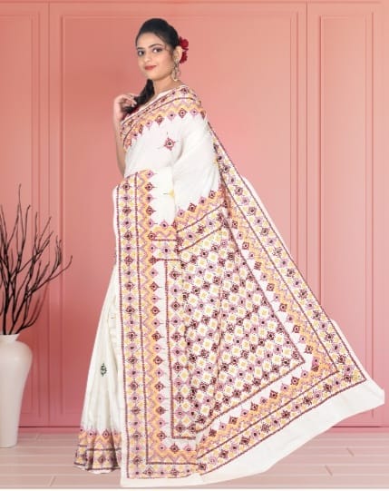 Hand Gujrati Embroidery Work on 3ply Mulberry Katan Silk Saree