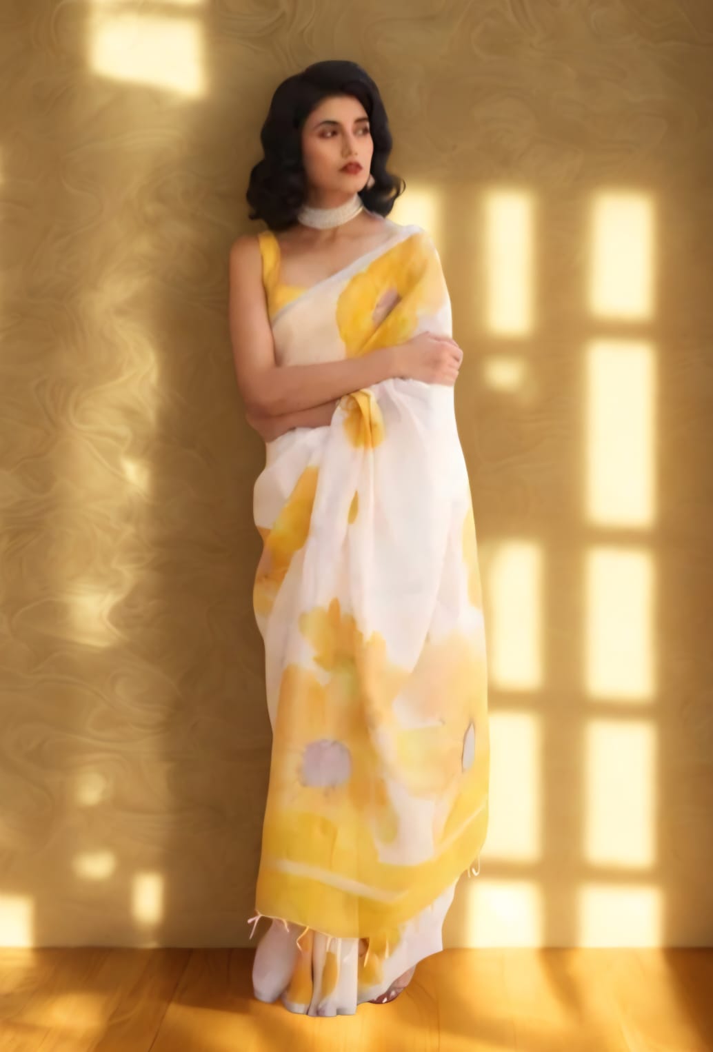 Hand Block Printed White and Yellow Colour Linen