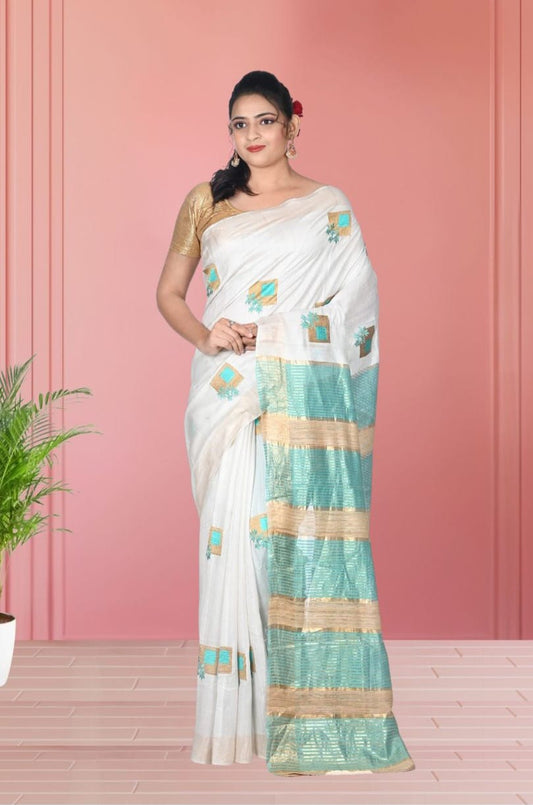 Full Body Embroidery Work on White Katan by Tussar Silk Saree with Gheecha anchal and Zari Border