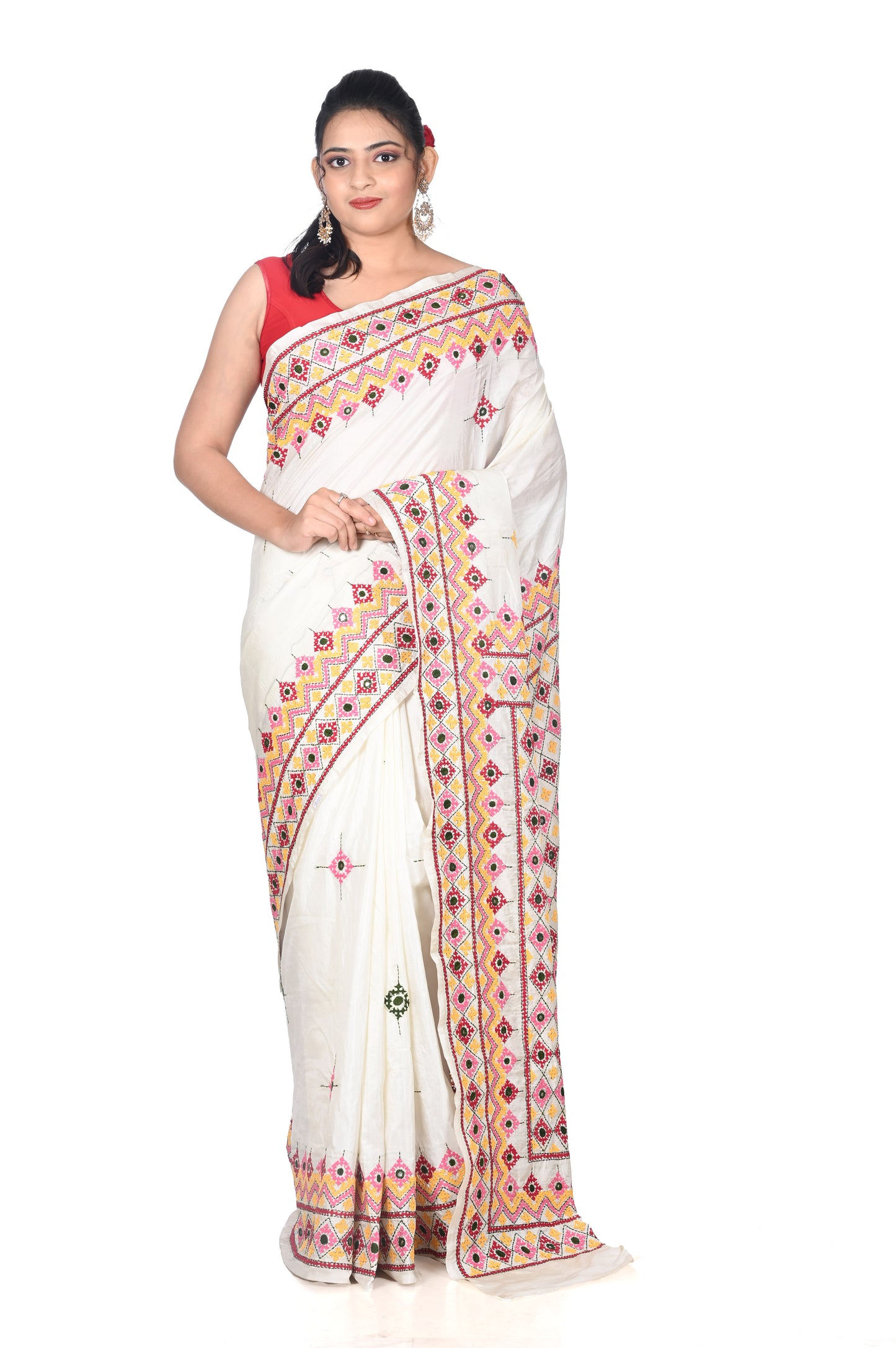 Hand Gujrati Embroidery Work on 3ply Mulberry Katan Silk Saree