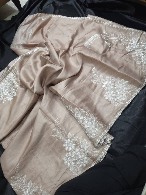 Beige Colour Tussar by Katan Silk with Embroidery Work in the Border