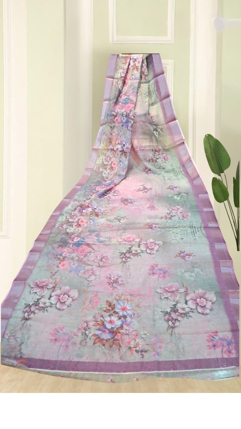 Multi Colour Printed Organic Linen Saree