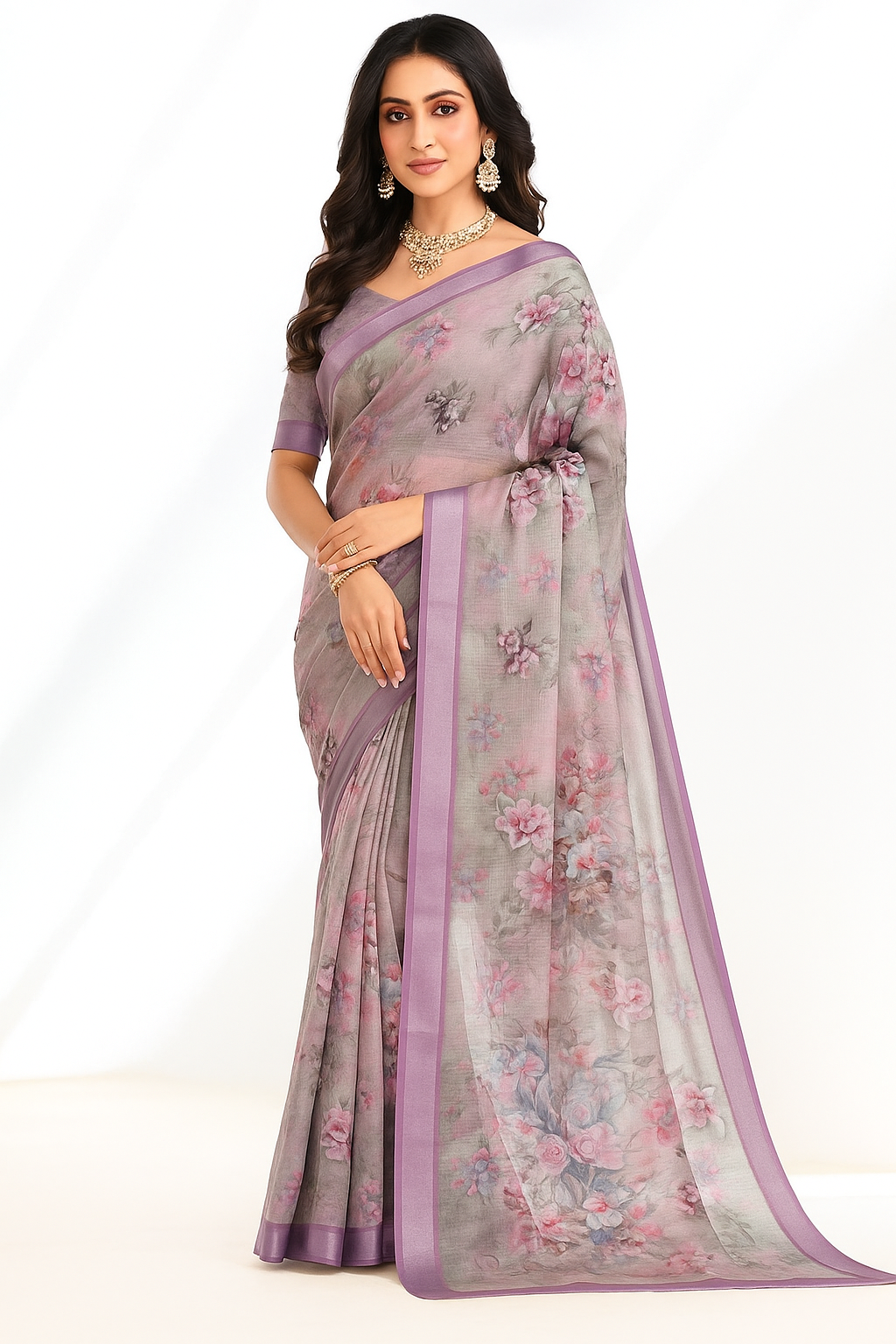 Multi Colour Printed Organic Linen Saree