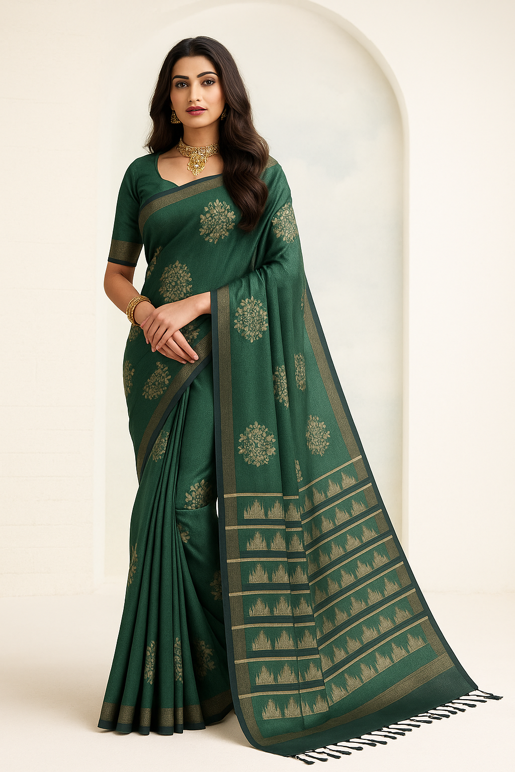 Deep Green Colour Organic Linen with Zari Weaved Design in the Body and Anchal