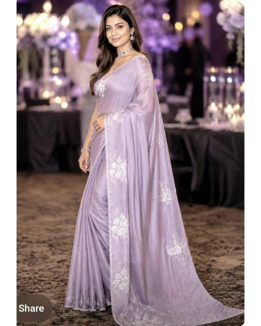 Lavender Colour Tussar by Katan Silk Saree with Intricate Embroidery Work in the Borderand Anchal
