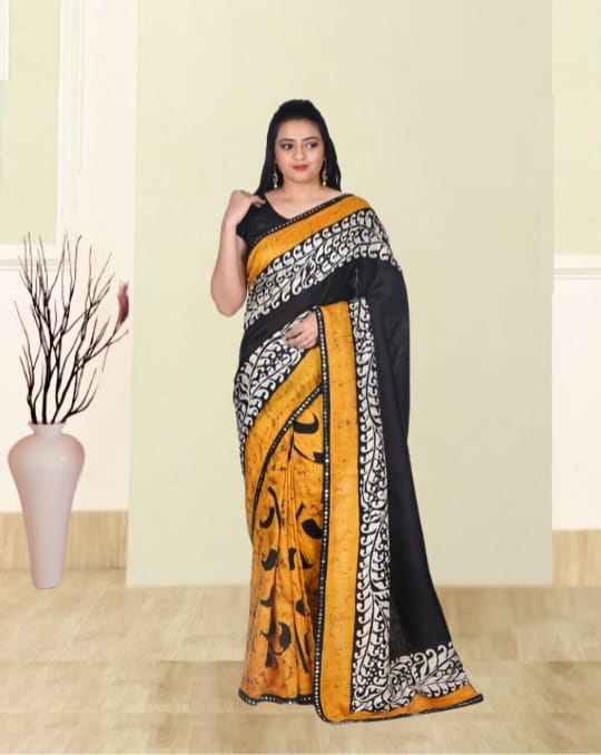 Yellow Black White Colour Hand Batik Print on Mulberry Katan Silk