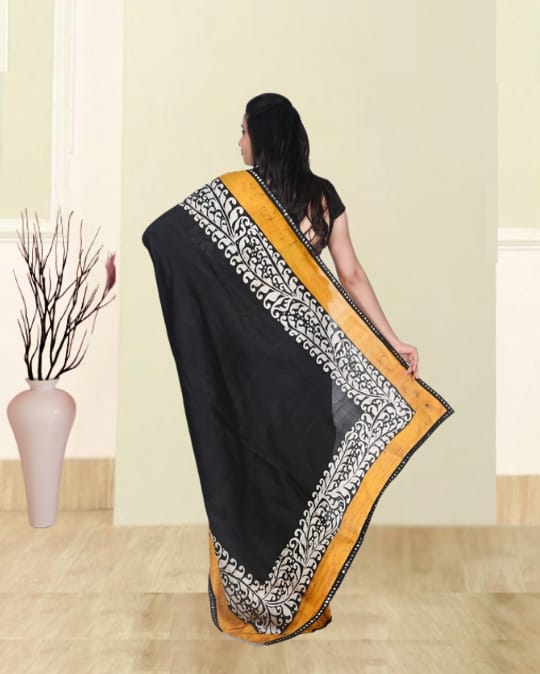 Yellow Black White Colour Hand Batik Print on Mulberry Katan Silk