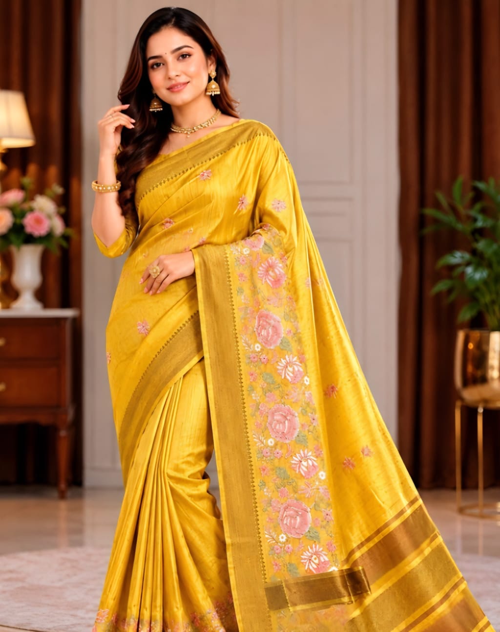 Yellow Katan Silk Saree with Zari Borde, Embroidery Work in the Border and Small Motifs in the Body