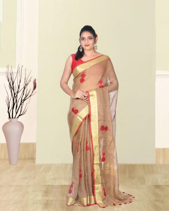 Beige Colour Zari Border Organic Linen with Hand Applique Work in the Body