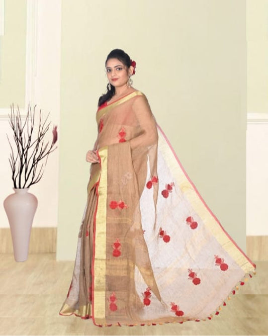 Beige Colour Zari Border Organic Linen with Hand Applique Work in the Body