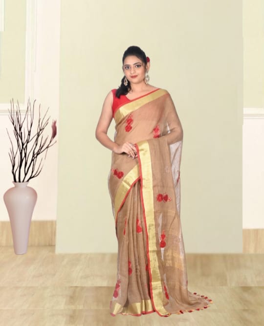 Beige Colour Zari Border Organic Linen with Hand Applique Work in the Body