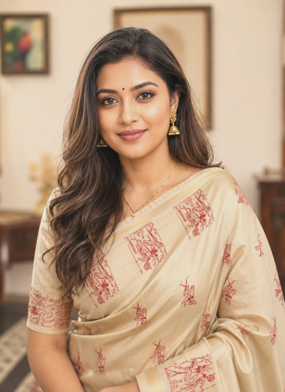 Off White Colour Tussar by Katan Silk Saree with Embroidery Work in the Body and Border