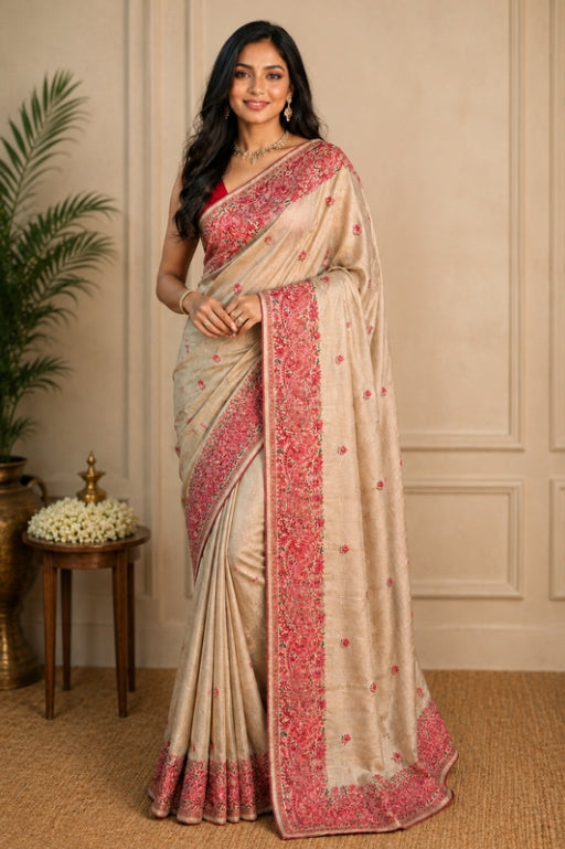 Beige Colour Embroidery Work Tussar Silk Saree with Multicolour Embroidery Work in the Border and Anchal