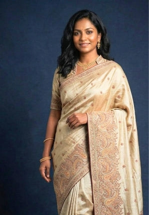 Kashmiri Embroidery Work on Tussar by Mulberry Silk Saree