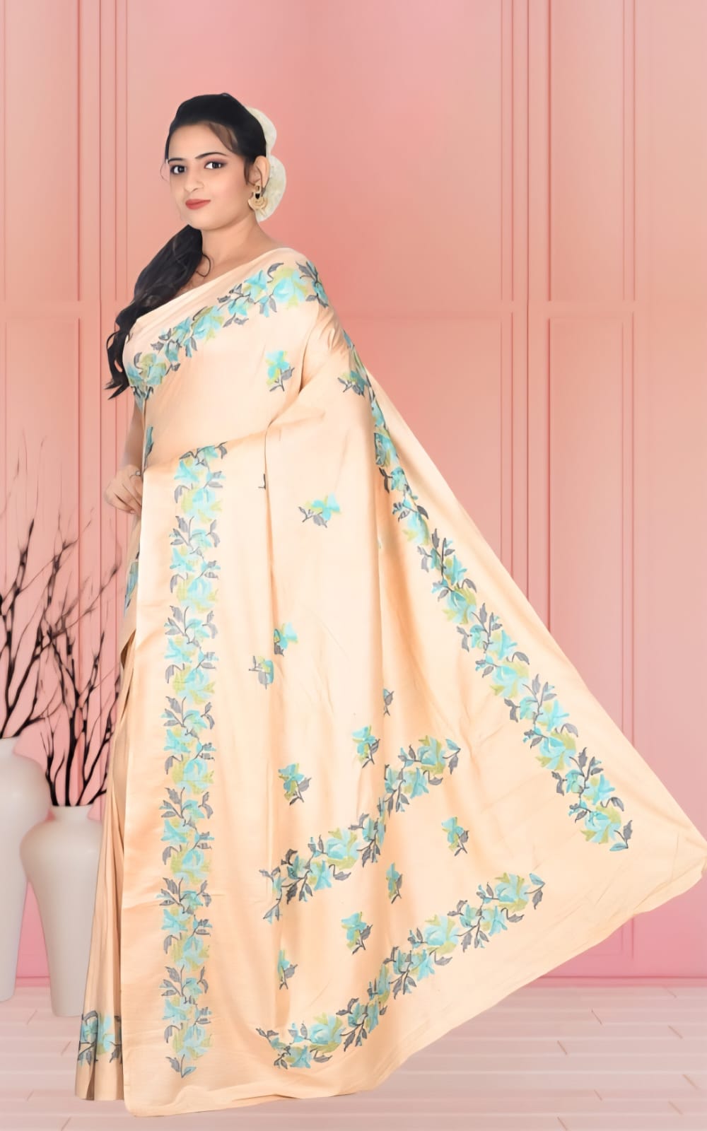 Beige Colour Staple Tussar Silk Saree with Embroidery Work