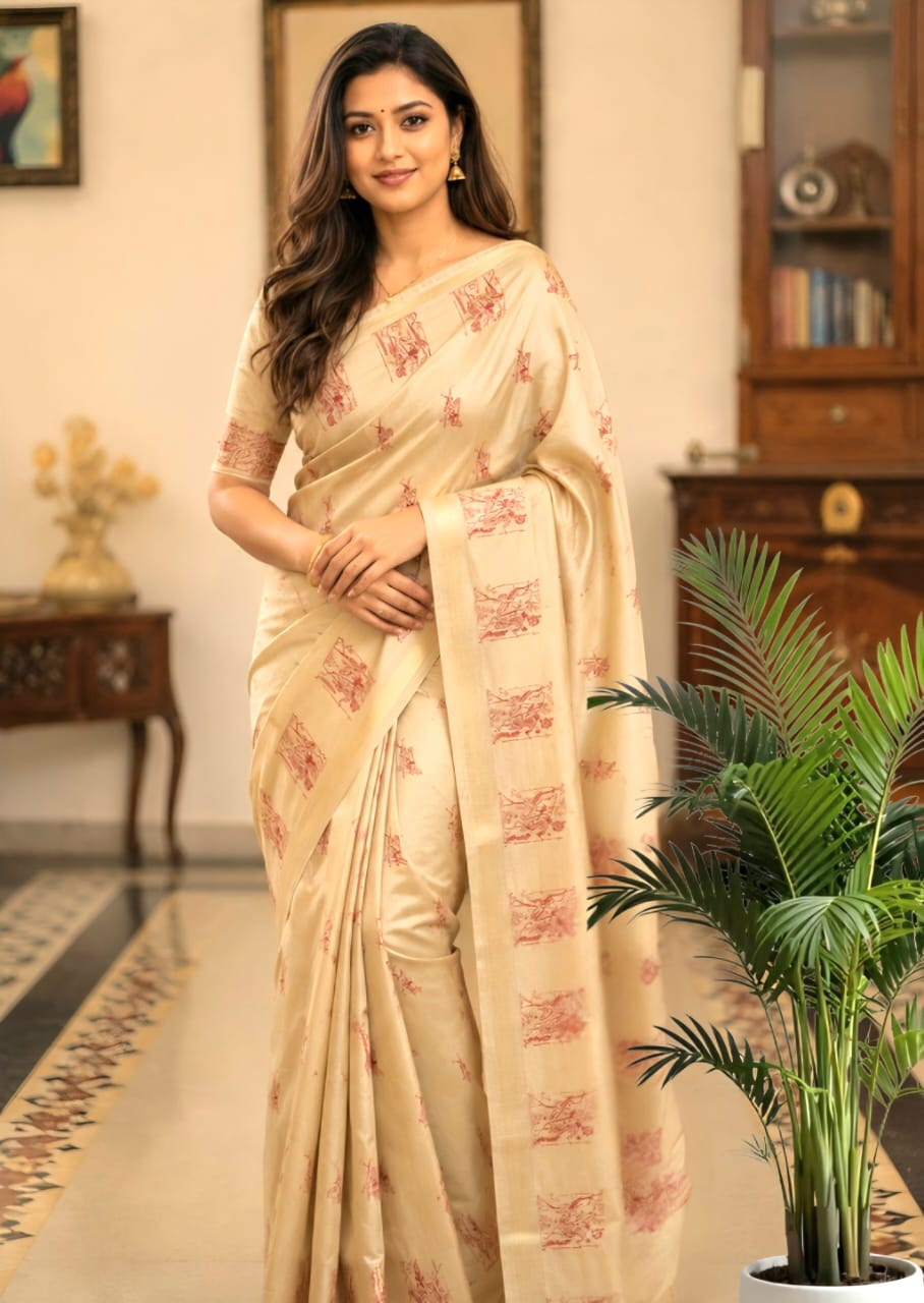 Off White Colour Tussar by Katan Silk Saree with Embroidery Work in the Body and Border