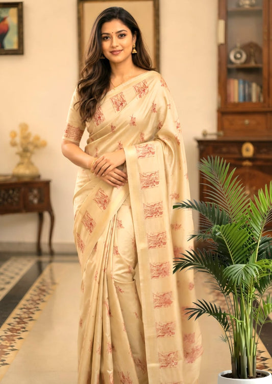 Off White Colour Tussar by Katan Silk Saree with Embroidery Work in the Body and Border