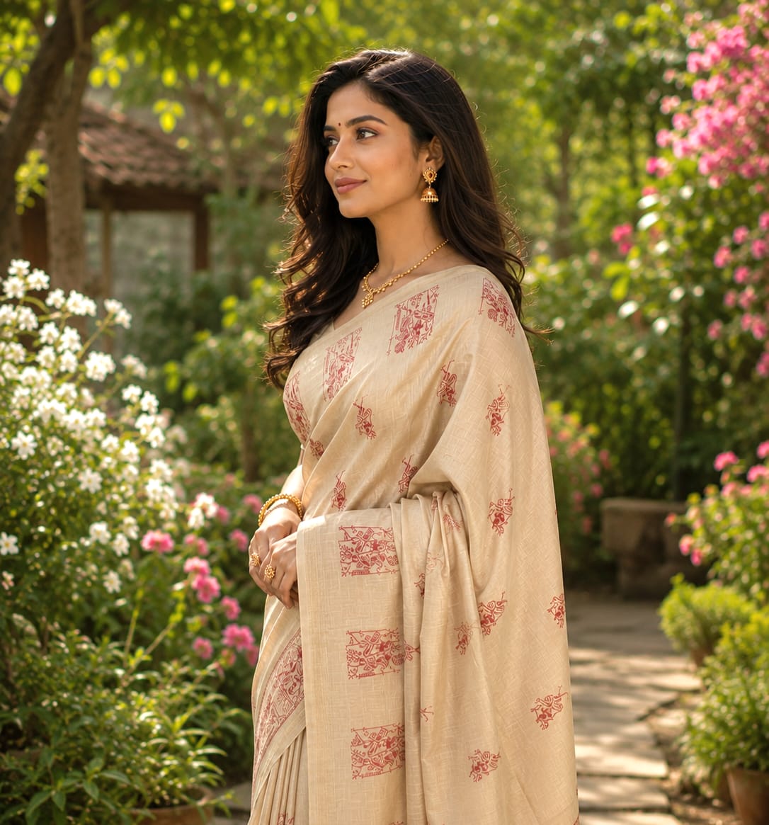 Off White Colour Tussar by Katan Silk Saree with Embroidery Work in the Body and Border