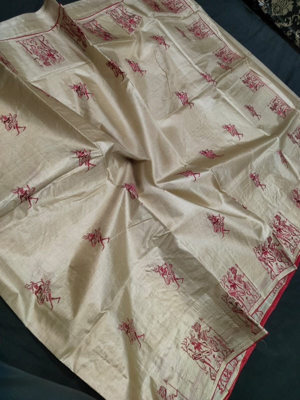 Off White Colour Tussar by Katan Silk Saree with Embroidery Work in the Body and Border