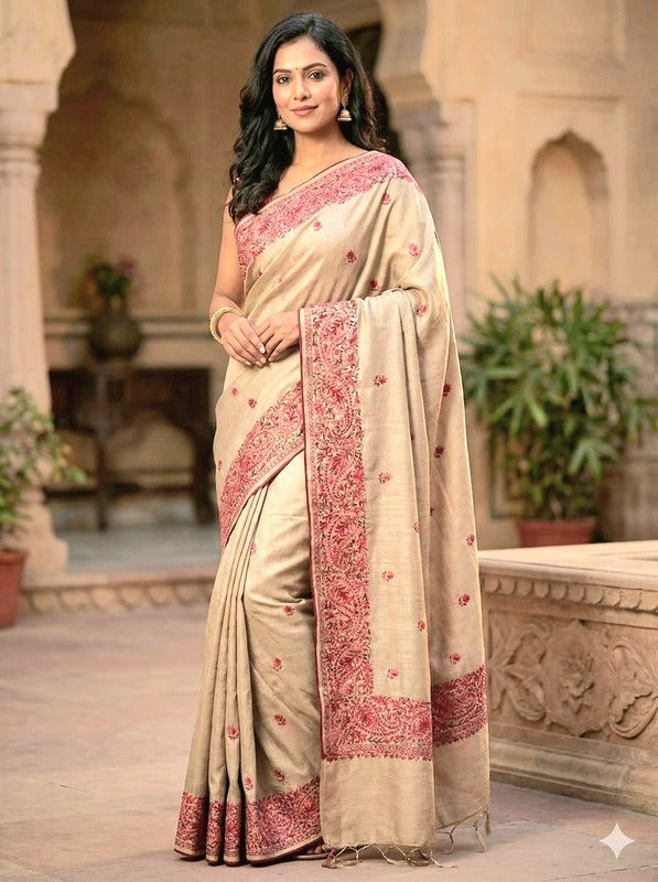Beige Colour Embroidery Work Tussar Silk Saree with Multicolour Embroidery Work in the Border and Anchal