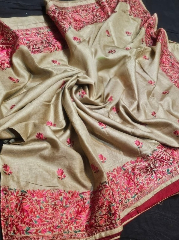 Beige Colour Embroidery Work Tussar Silk Saree with Multicolour Embroidery Work in the Border and Anchal