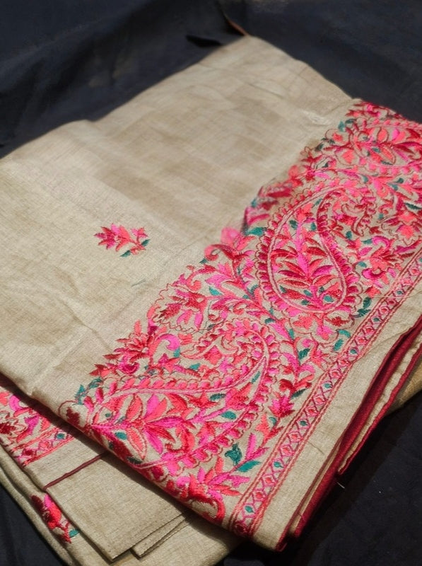 Beige Colour Embroidery Work Tussar Silk Saree with Multicolour Embroidery Work in the Border and Anchal