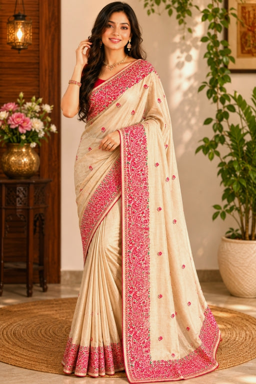 Beige Colour Embroidery Work Tussar Silk Saree with Multicolour Embroidery Work in the Border and Anchal