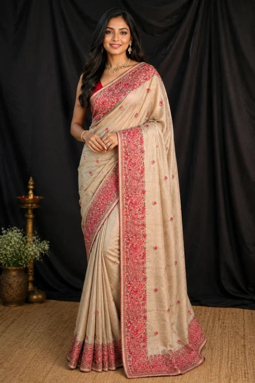 Beige Colour Embroidery Work Tussar Silk Saree with Multicolour Embroidery Work in the Border and Anchal