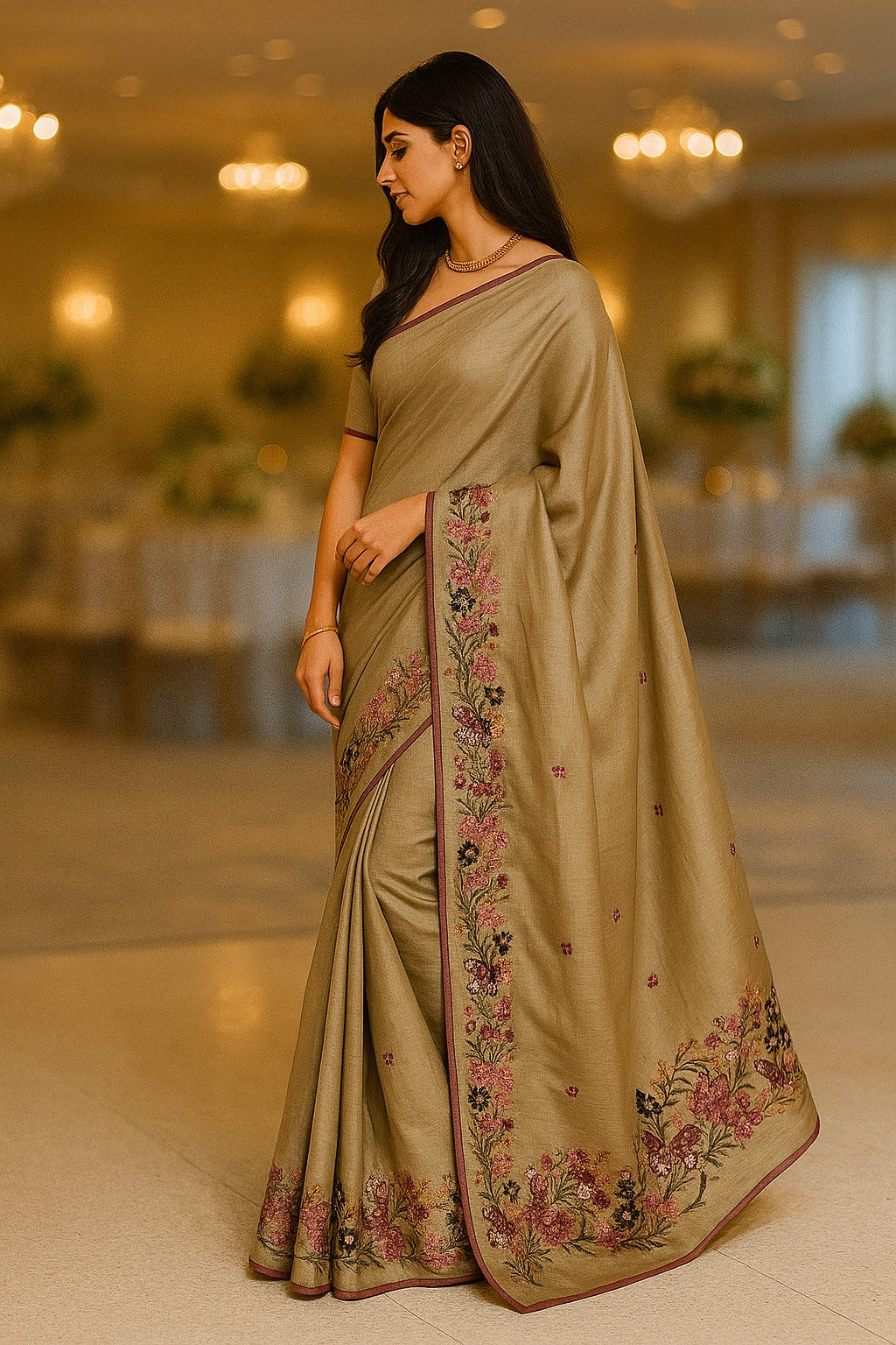 Embroidery Work on Beige Colour Katan Silk