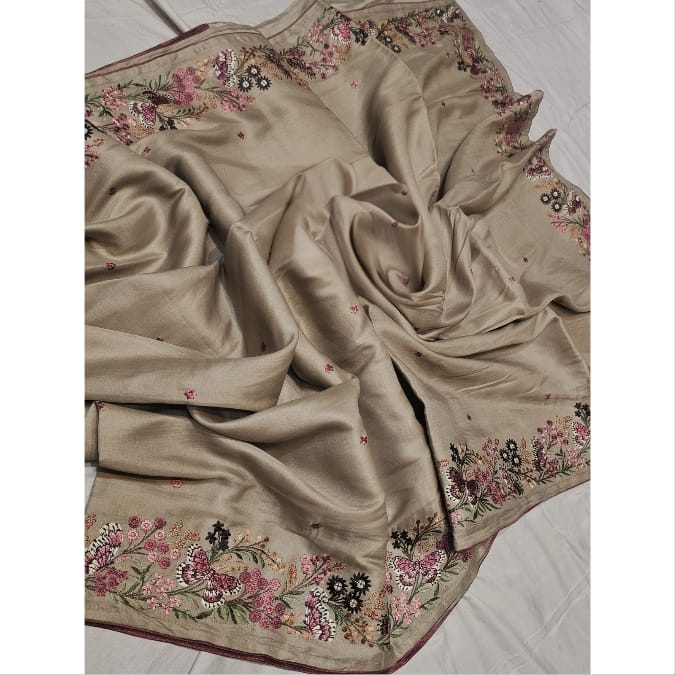 Embroidery Work on Beige Colour Katan Silk
