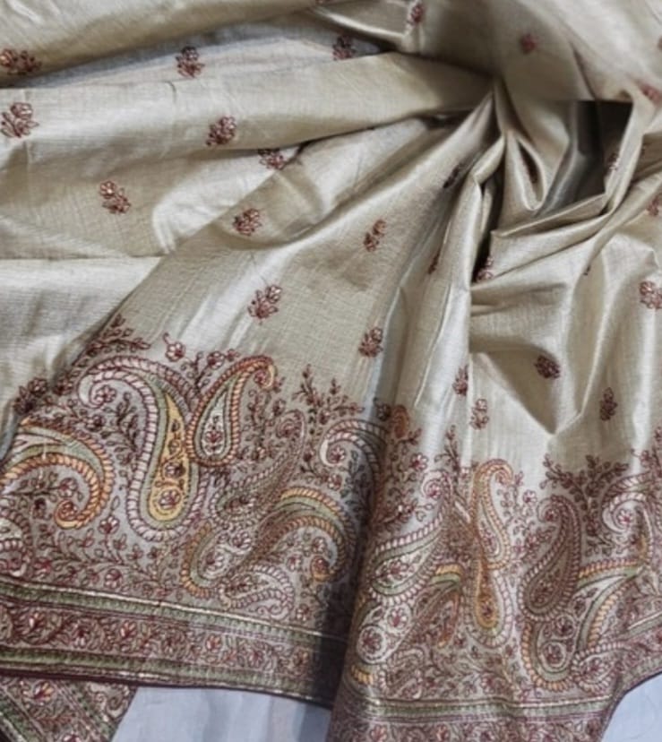 Kashmiri Embroidery Work on Tussar by Mulberry Silk Saree
