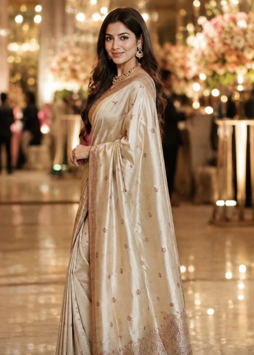 Kashmiri Embroidery Work on Tussar by Mulberry Silk Saree