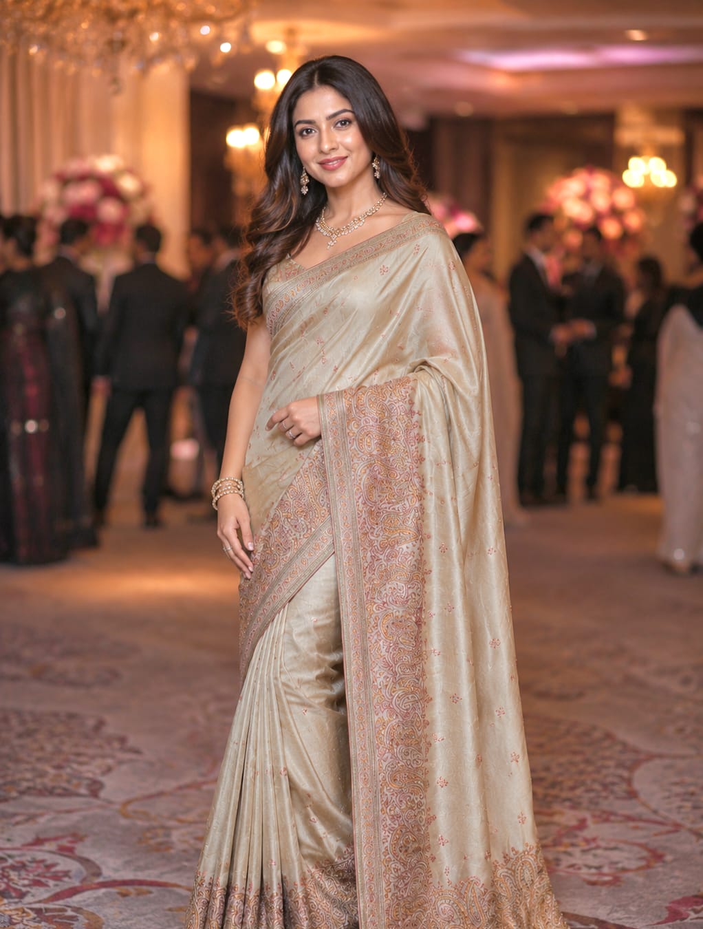 Kashmiri Embroidery Work on Tussar by Mulberry Silk Saree