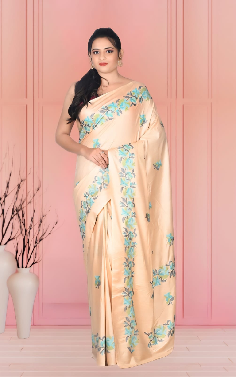 Beige Colour Staple Tussar Silk Saree with Embroidery Work
