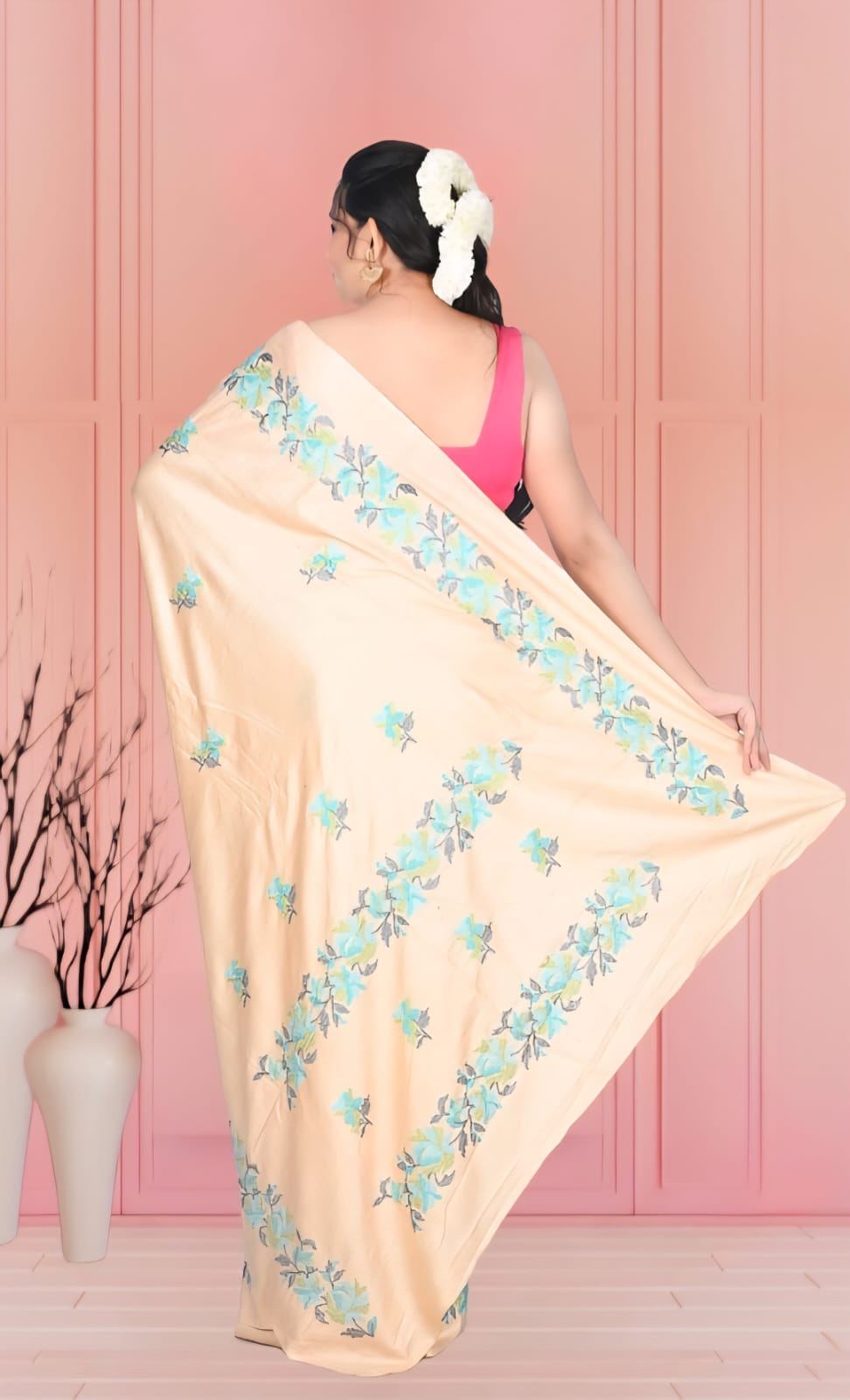 Beige Colour Staple Tussar Silk Saree with Embroidery Work