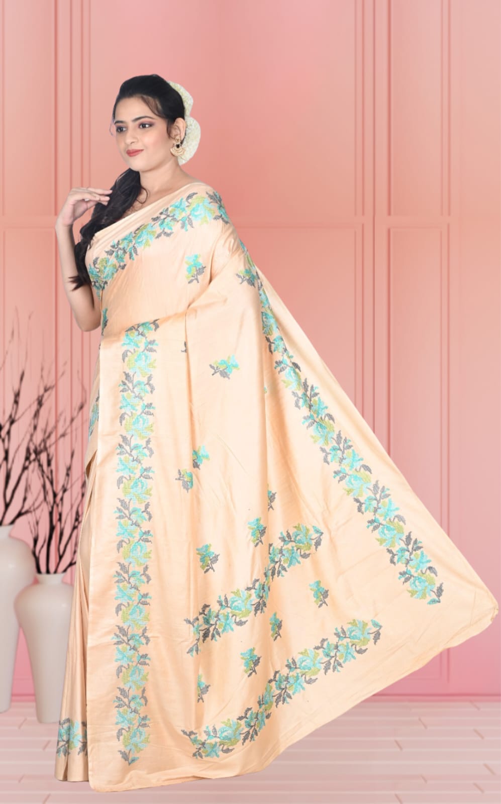 Beige Colour Staple Tussar Silk Saree with Embroidery Work